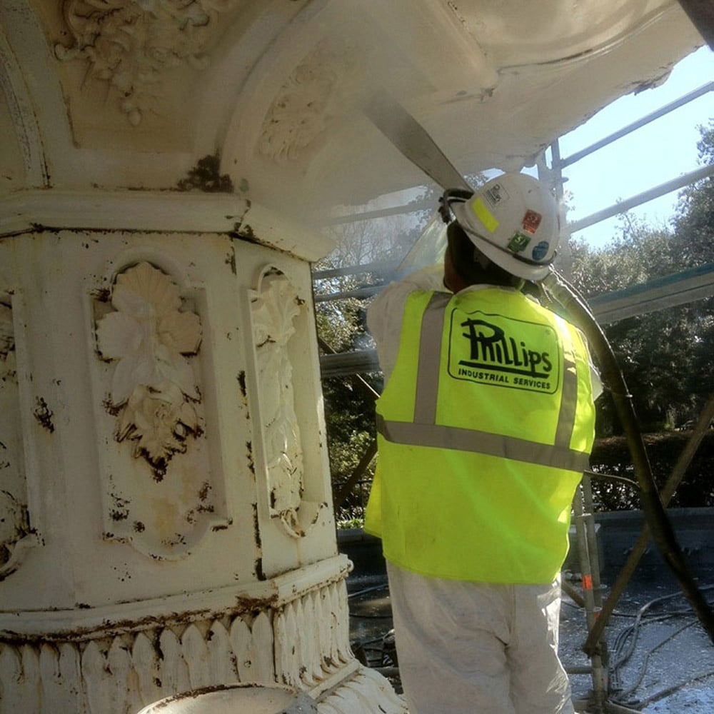 Dry ice blasting was utilized for this project to clean and repaint a water fountain in Savannah, GA. Using dry ice allowed us to remove loose paint and clean the structure without added waste, dust, and cleanup.
